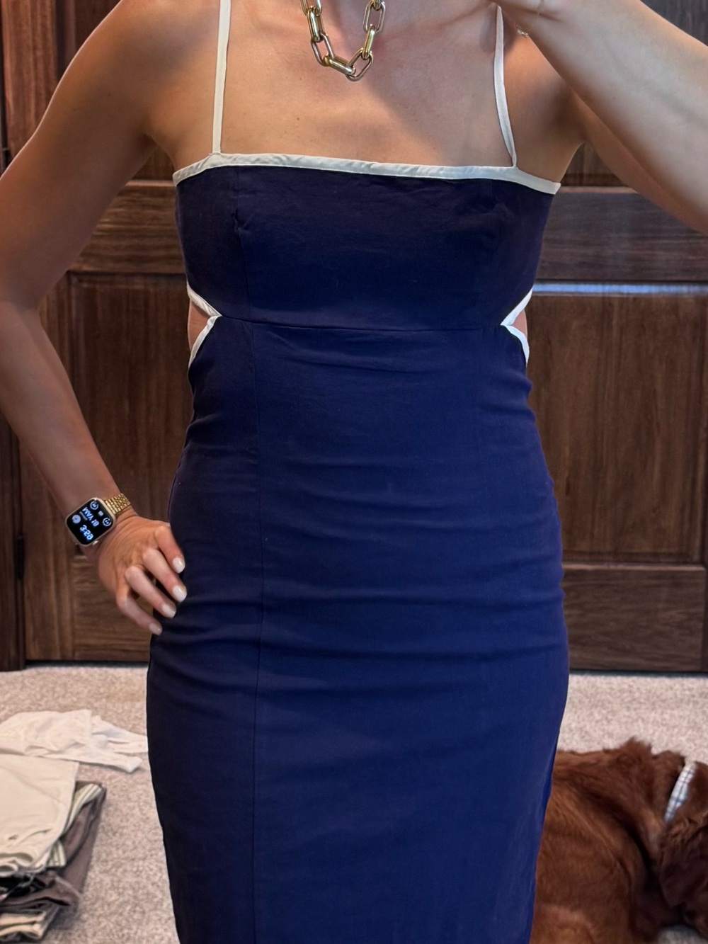 Maeve Navy Midi Dress with White Trim Accents
